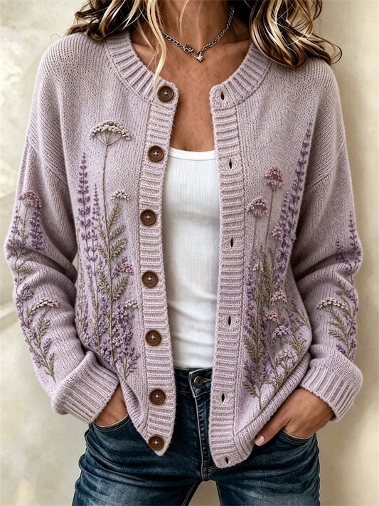 Kvinders stilfulde Lavendel & Mælkebøtte Blomster Print Cardigan-Stil Strikke jakken