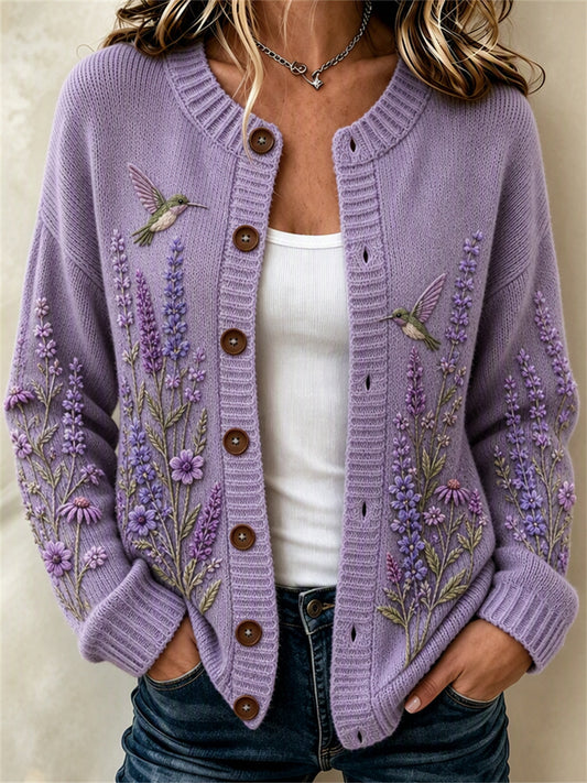 Kvinders stilfulde Humming fugle Lavendel lilla blomster Print Cardigan-stil strikke jakken