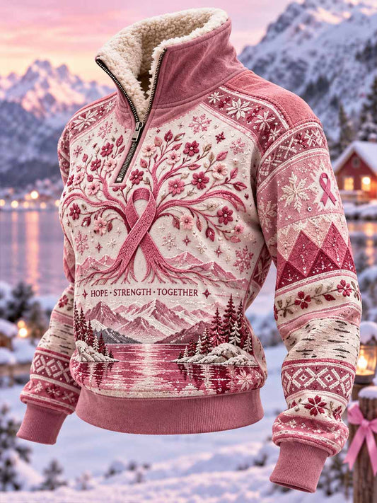Damehoodie med grafisk print til opmærksomhed omkring brystkræft – vinterkollektion
