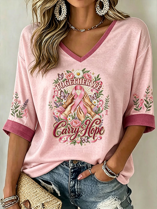 Kvinder pink anti-cancer mønster trykt afslappet midt-længde ærmer V-hals T-shirt