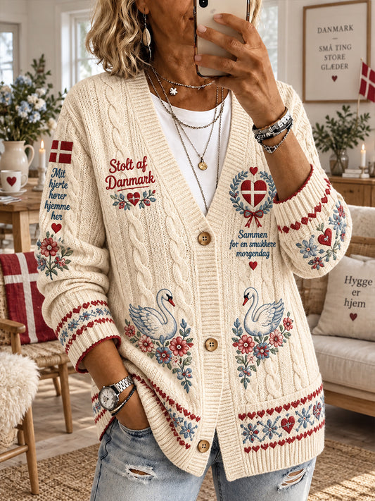 Kvindelig patriotisk strikket cardigan med grafisk print og lange ærmer