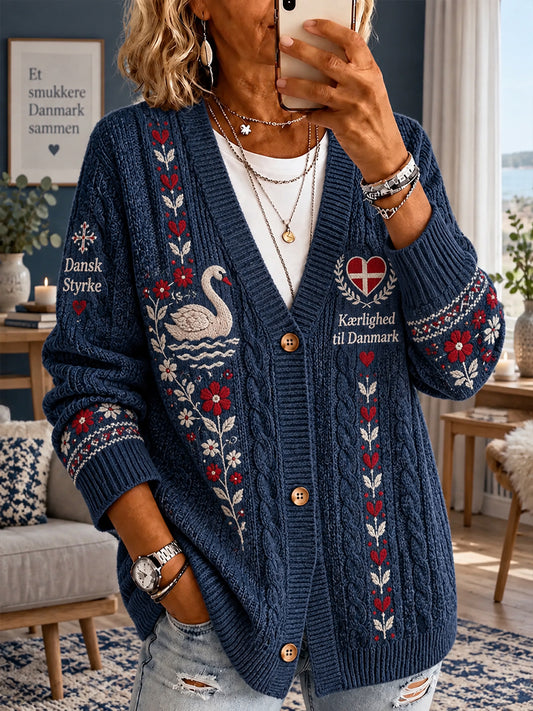 Kvindelig patriotisk strikket cardigan med grafisk print og lange ærmer