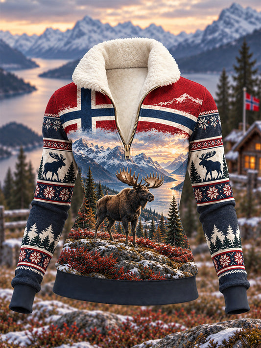 Damegenser med trykk av elgjakttid i Norge, komposittfleece med hette
