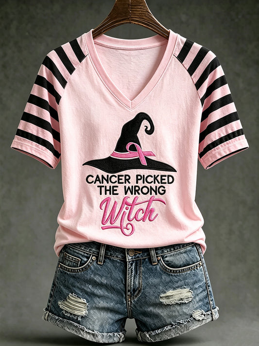 Dame-T-shirt med anti-sygdoms-tema, trykt mønster med hekseelementer og korte ærmer til hverdagsbrug