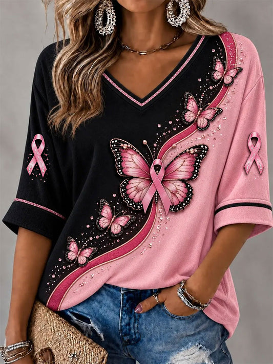 Kvinders brystkræft Pink Sommerfugl Midt-længde ærmer V-hals T-shirt