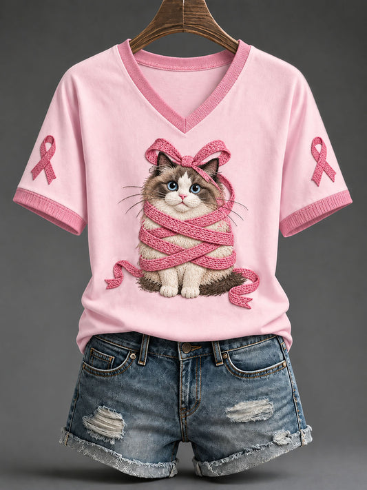 Kvinders Pink Ribbon Ragdoll kat Print Casual T-shirt