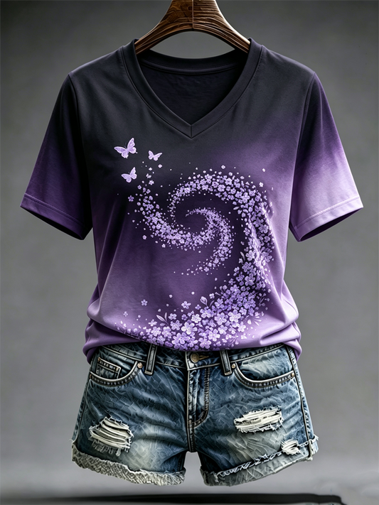 Lilla kunstprint T-shirt med korte ærmer til kvinder – Bevidsthed om Alzheimers
