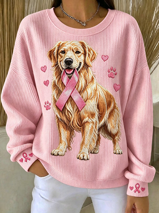 Kvinders Pink Ribbon Golden Retriever Print runde hals Sweatshirt