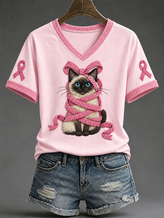 Kvinder Pink Ribbon Siamese kat Print Casual T-shirt
