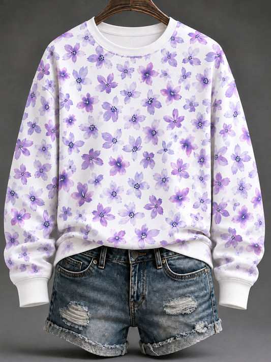 Dame-sweatshirt med lilla blomsterkunsttryk