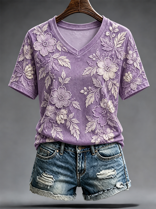Lilla kunstprint T-shirt med korte ærmer til kvinder – Bevidsthed om Alzheimers