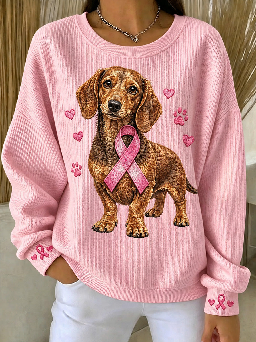 Kvinders lyserød Ribbon Dachhun hund Print runde hals Sweatshirt