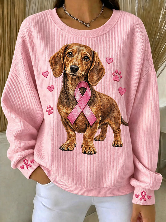 Kvinders lyserød Ribbon Dachhun hund Print runde hals Sweatshirt