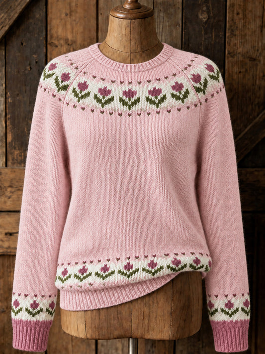 Kvinders Vintage Pink Floral Yoke Isle Print hyggelig sweater.
