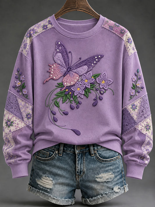 Dame-sweatshirt med lilla blomsterkunsttryk