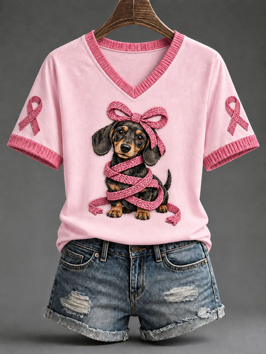 Kvinders lyserød bånd Dachhund Print Casual T-shirt
