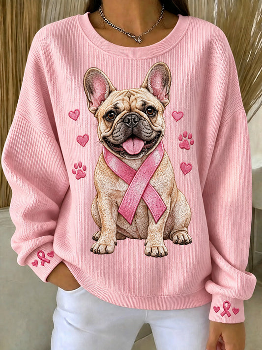 Kvinders lyserøde bånd fransk bulldog Print runde hals Sweatshirt