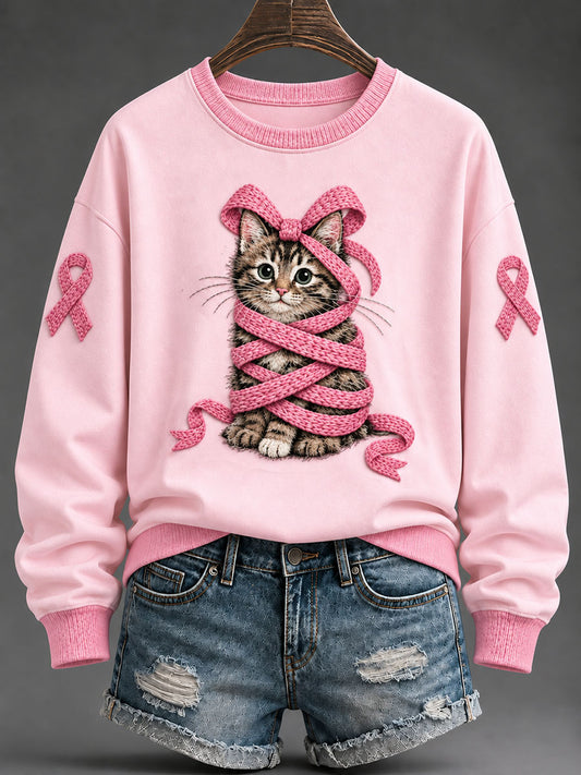 Kvinders Pink Ribbon Tabby kat Print Casual Regelmæssig Sweatshirt