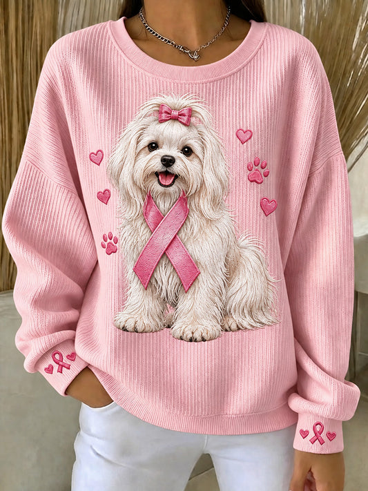 Kvinders lyserøde bånd maltesiske hunde Print runde hals Sweatshirt