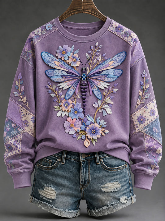 Dame-sweatshirt med lilla blomsterkunsttryk