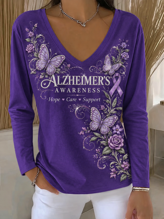Lilla kunsttryk med V-hals til T-shirt – Rødgul opmærksomhed om Alzheimers hos kvinder