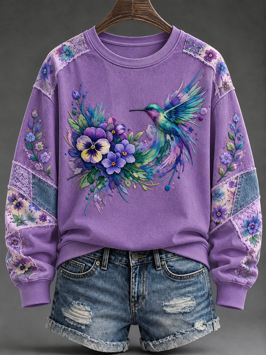 Dame-sweatshirt med lilla blomsterkunsttryk