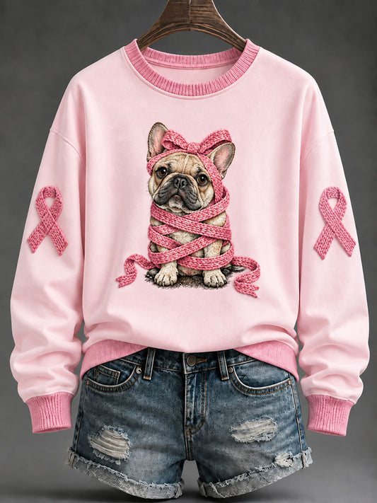 Kvinders Pink Ribbon Fransk Bulldog Print Casual Regelmæssig sweatshirt