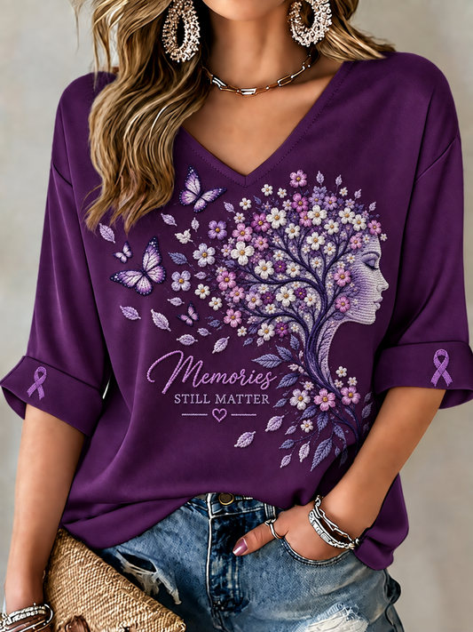 Kvinders Alzheimers bevidsthed Purple Art Print Midt-længde ærmer V-hals T-shirt