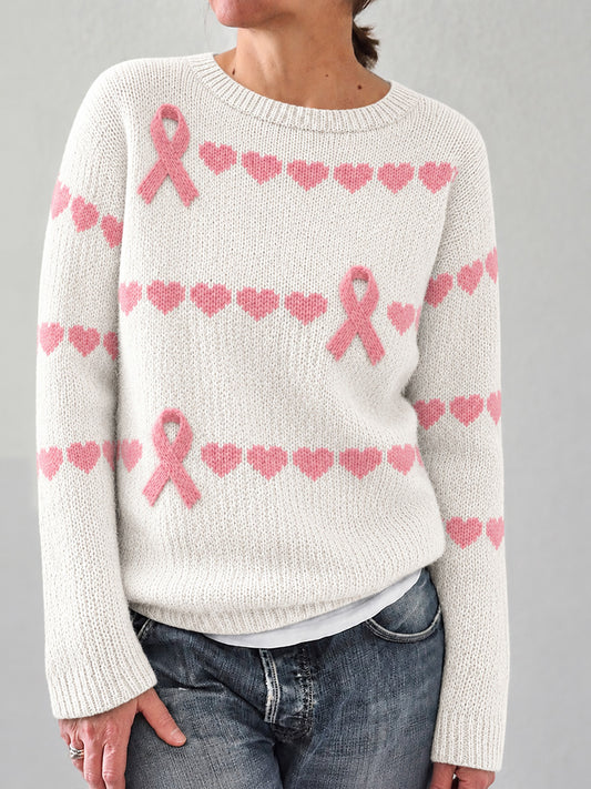 Kvinders elegante, behagelige sweater med lyserødt bånd og hjerteprint
