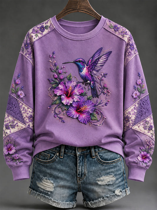 Dame-sweatshirt med lilla blomsterkunsttryk