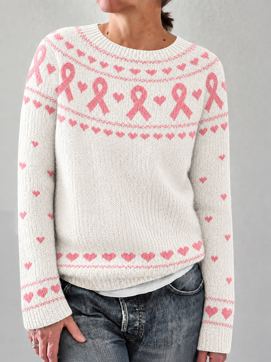 Kvinders Elegant Pink Ribbon Print hyggelig sweater.