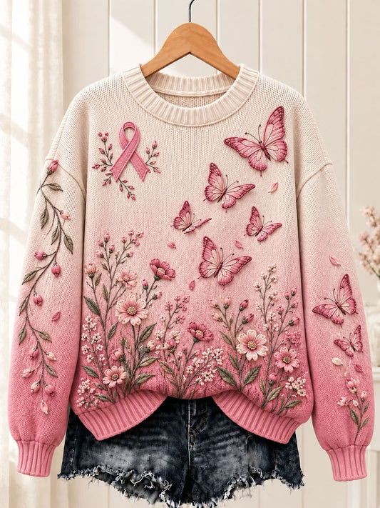Kvinders brystkræft Pink Butterfly besætning hals Sweeater.