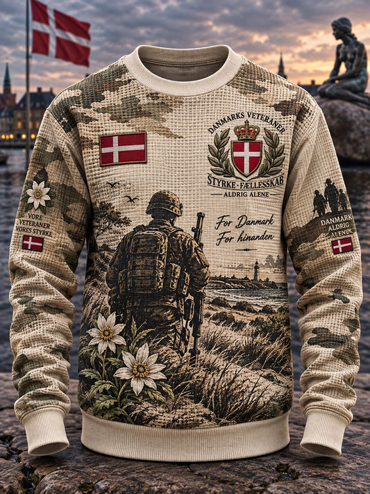 Herre-T-shirt med grafisk veteranminder-mønster, vævet i vaffelmønster, langærmet