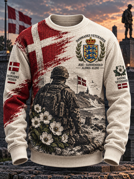 Herre-T-shirt med grafisk veteranminder-mønster, vævet i vaffelmønster, langærmet