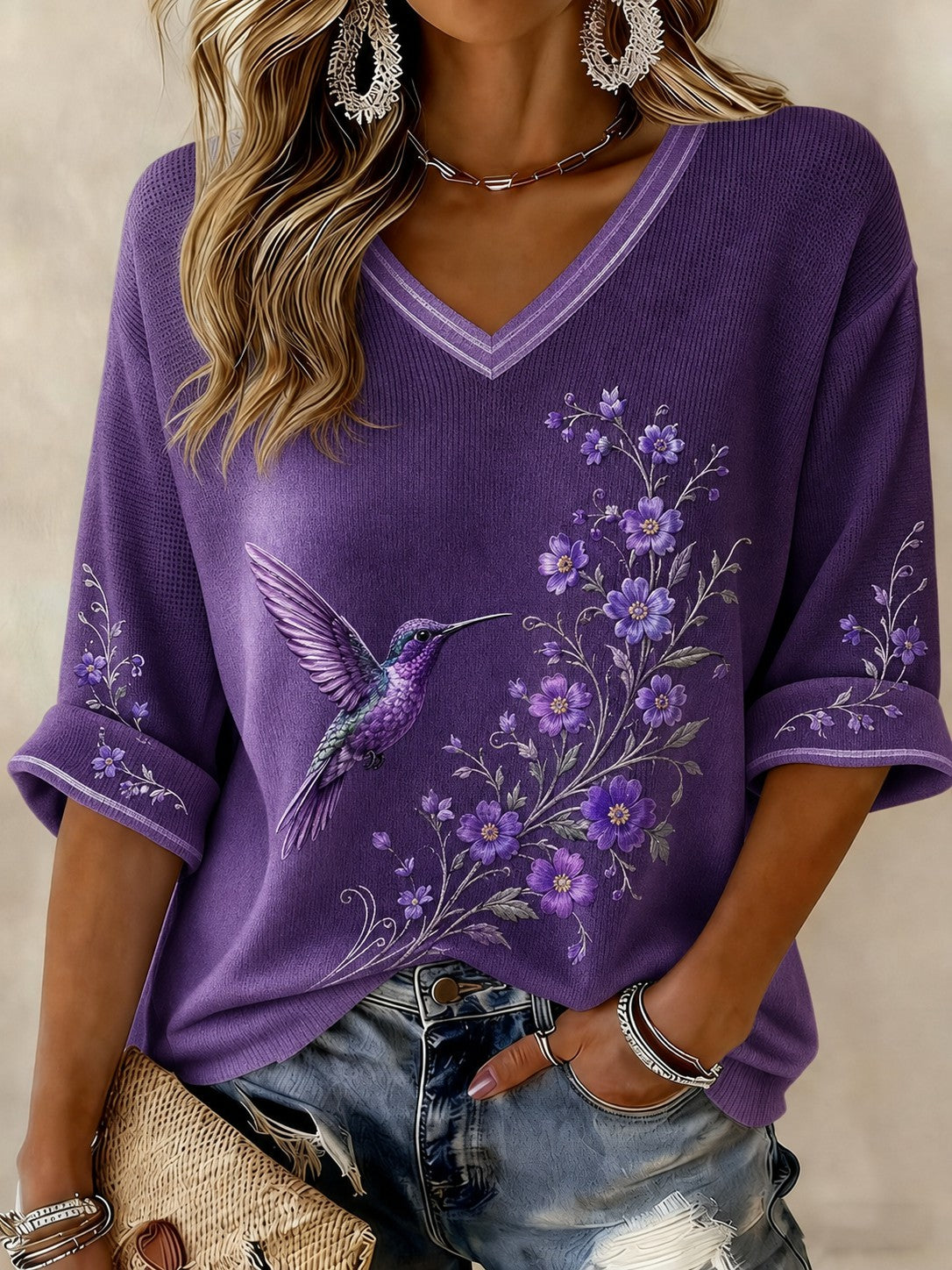 Kvinder Alzheimers sygdom Blomster Trykte midt-længde ærmer V-hals T-shirt