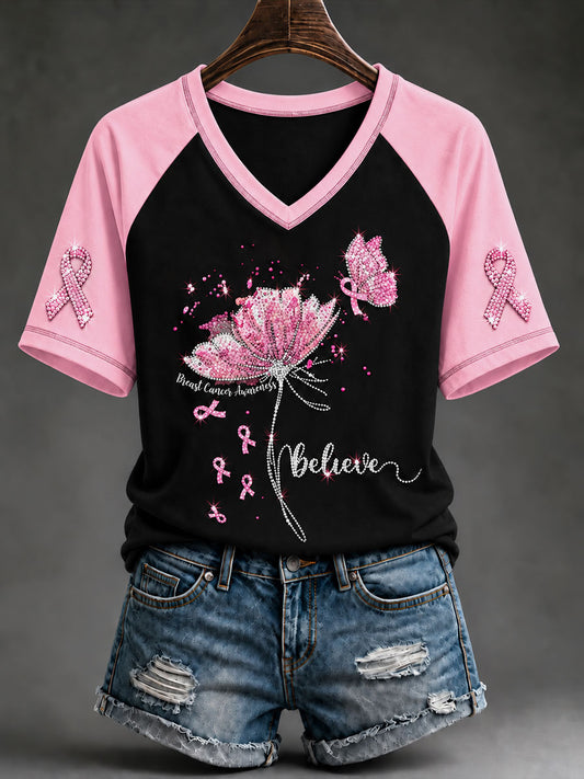 Kvinder Pink Rhinestone Butterfly Bryst kræft bevidsthed Kortærmet T-shirt