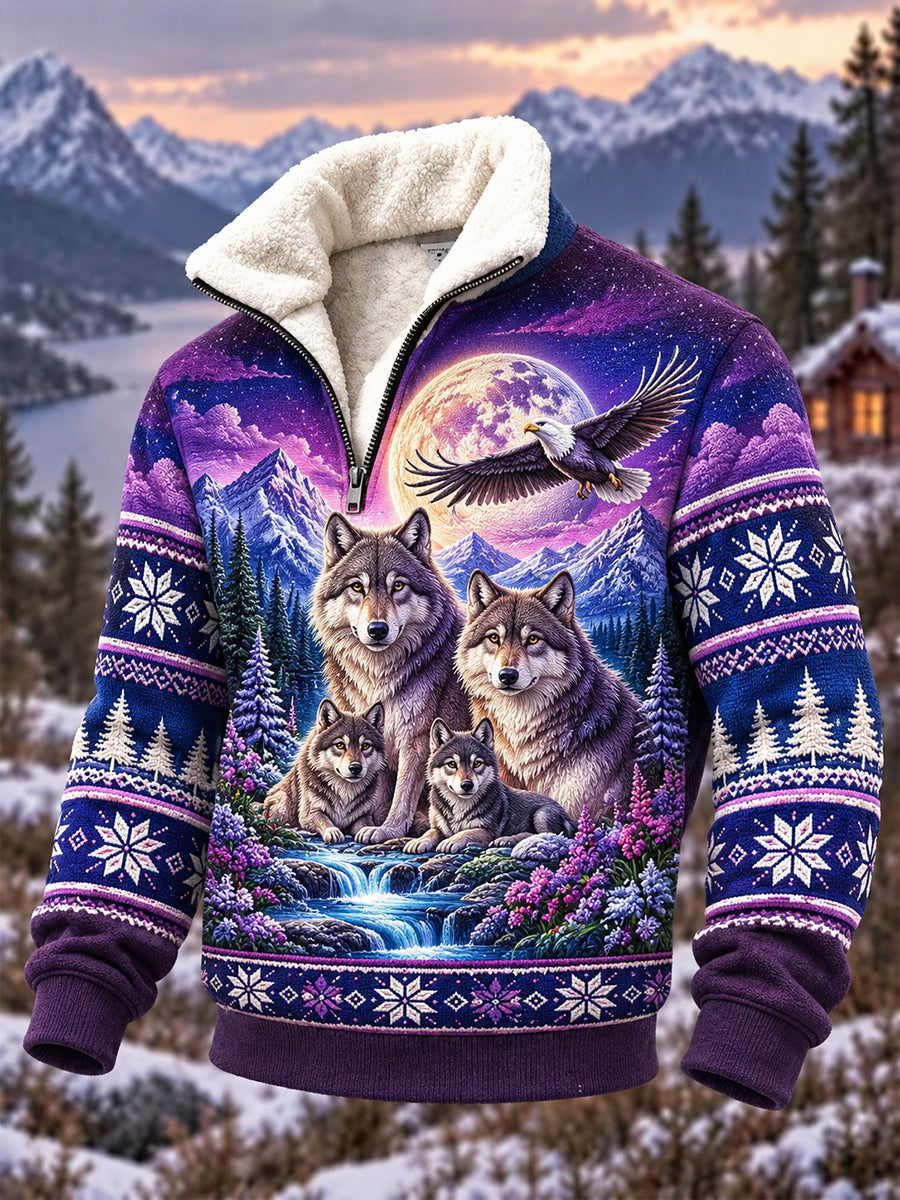 Mænds Nordic Forest Animal Fleece-Lined Casual Sweatshirt