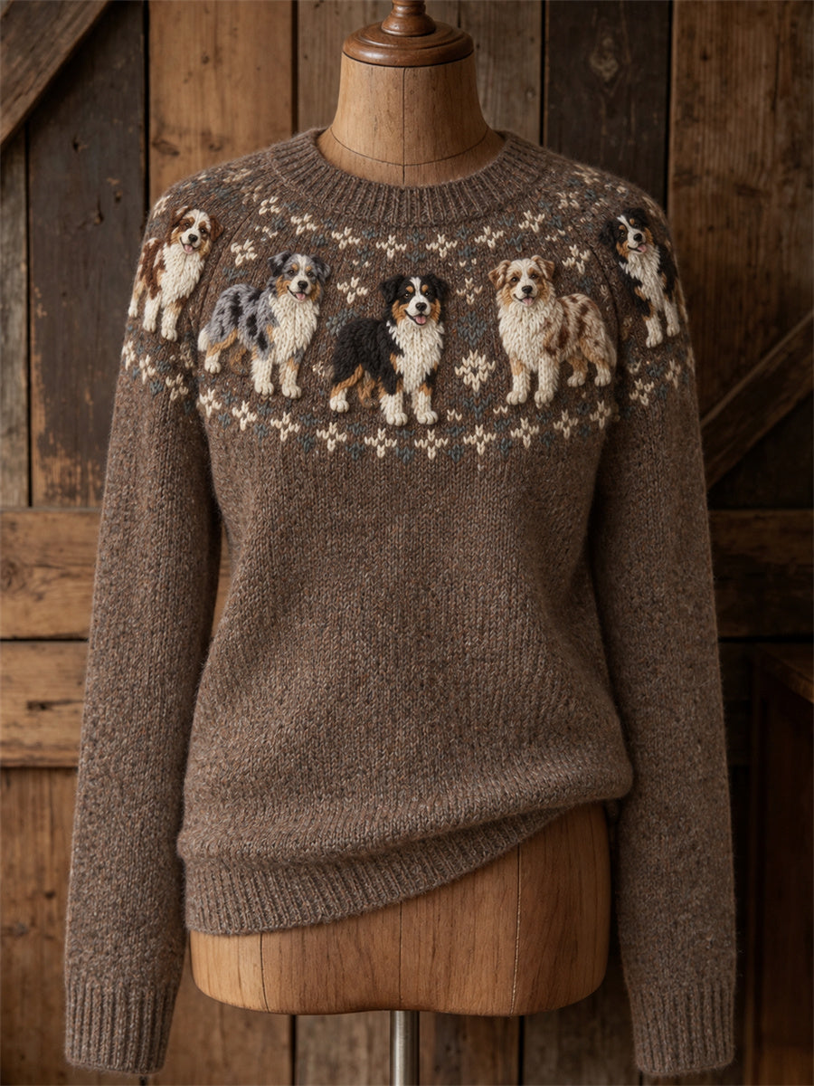 Kvinders Vintage Australske Shepherd Dogs Yoke Isle Print besætning hals sweater.