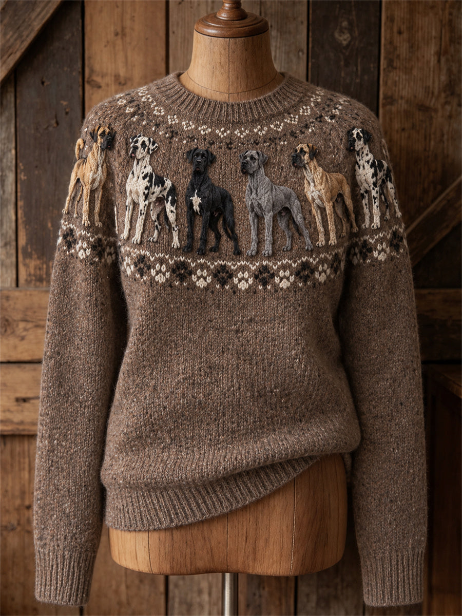 Kvinders Vintage Great Dane Dogs Yoke Isle Print besætning hals sweater.