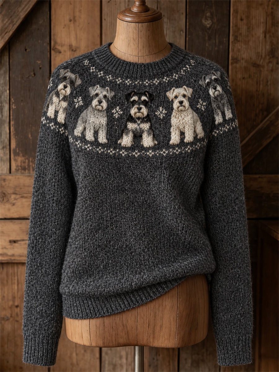 Kvinders vintage sweatshirt med Schnauzer-hunde og Yoke Isle-print, rund hals