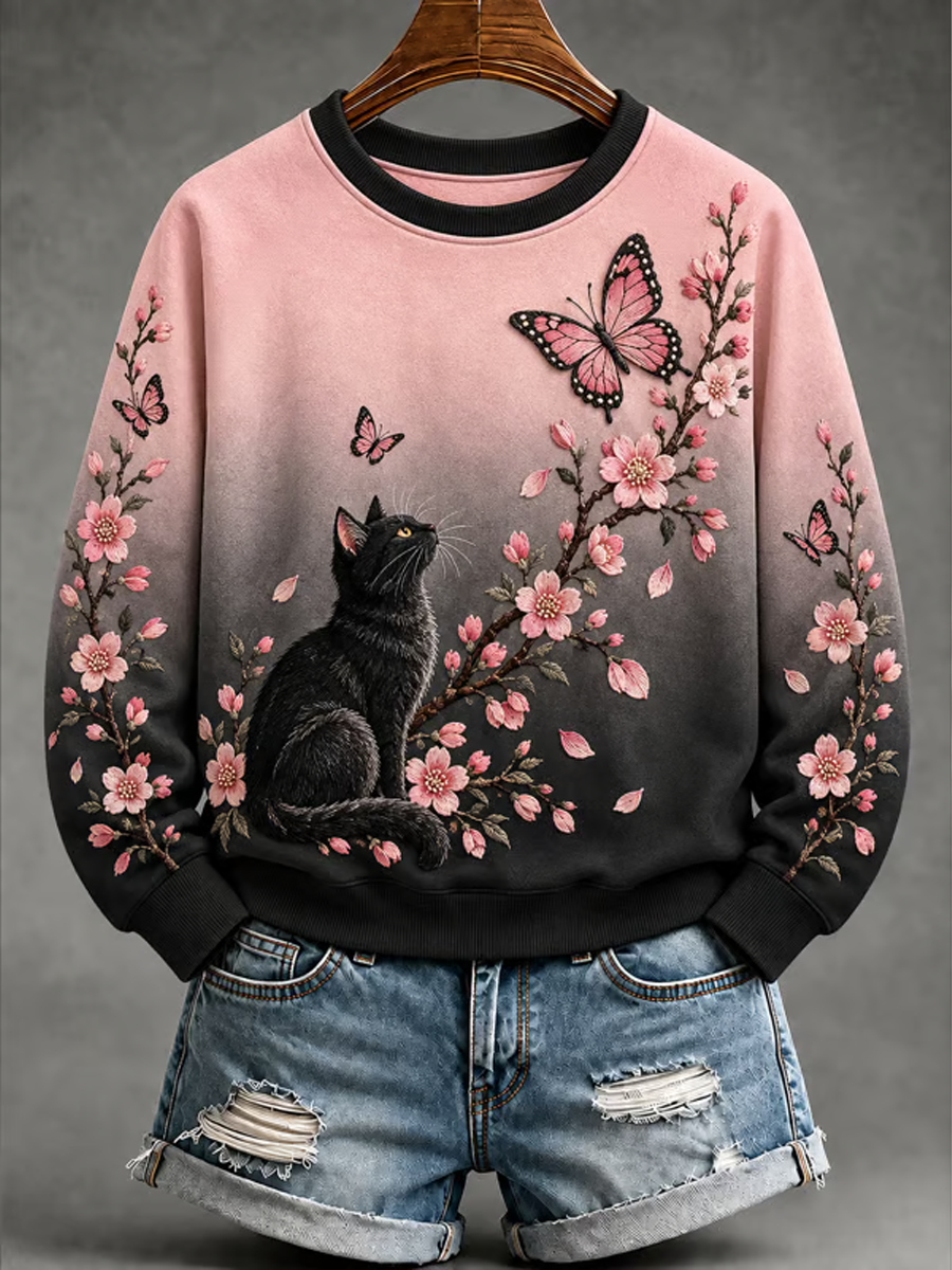 Sort og pink regular sweatshirt til kvinder med katte- og blomsterprint