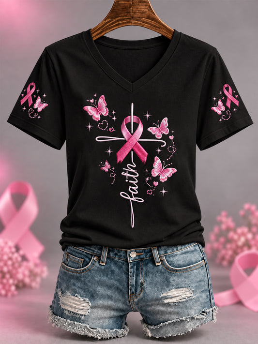 Kvinders Pink Ribbon Butterfly Cross Tro Print Brystkræft Bevidsthed Support V-Neck Tee