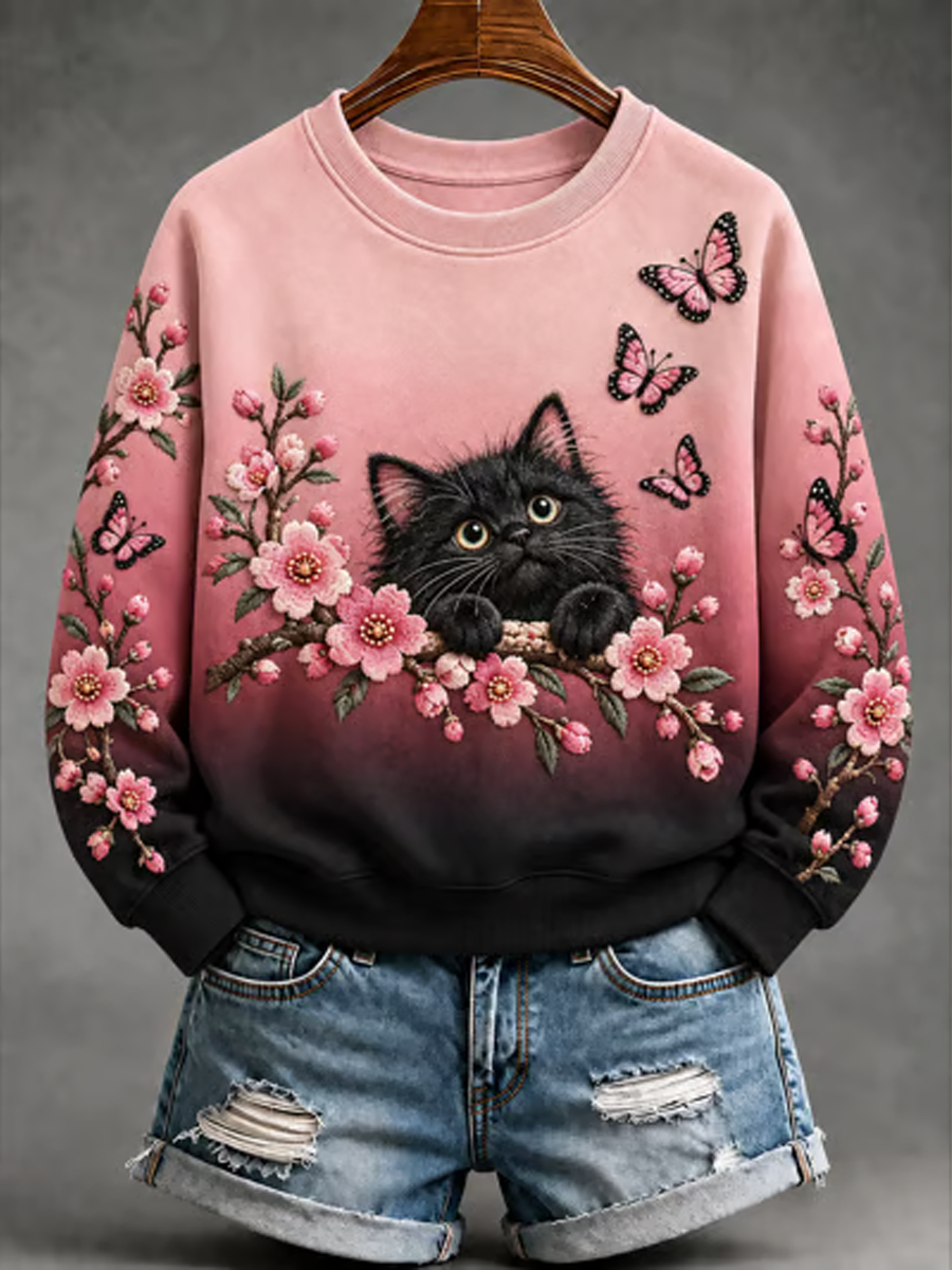 Sort og pink regular sweatshirt til kvinder med katte- og blomsterprint