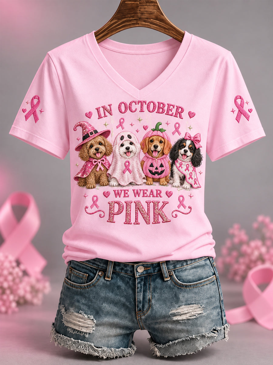 Kvinder I oktober vi bærer Pink Halloween Pink Hunde Print Brystkræft Bevidsthed Support V-Neck Tee