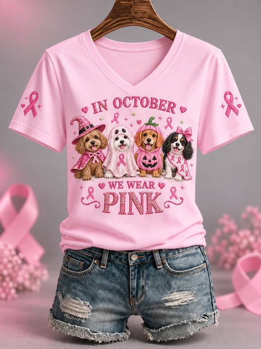 Kvinder I oktober vi bærer Pink Halloween Pink Hunde Print Brystkræft Bevidsthed Support V-Neck Tee