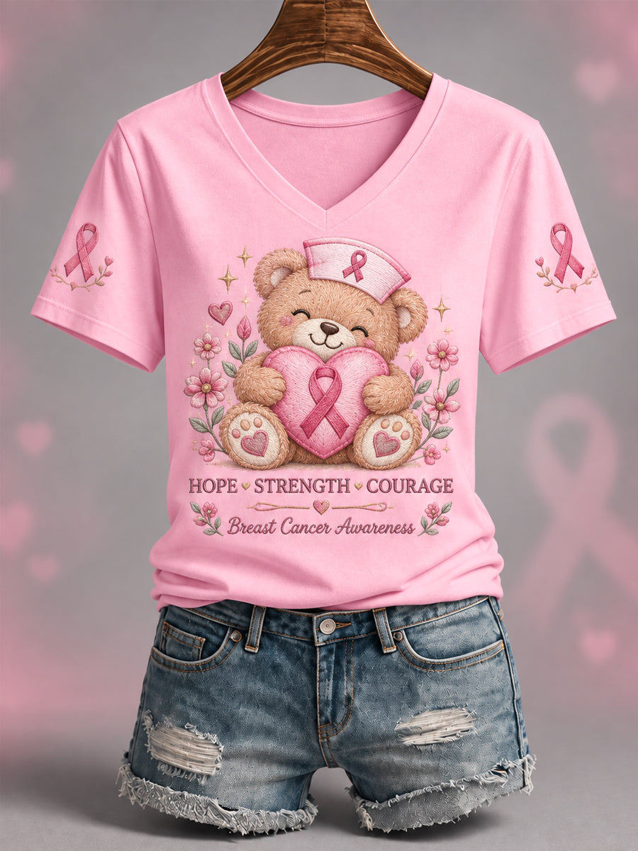Kvinder I oktober vi bærer Pink Care Bjørn Print Brystkræft Beareness Support V-Neck Tee