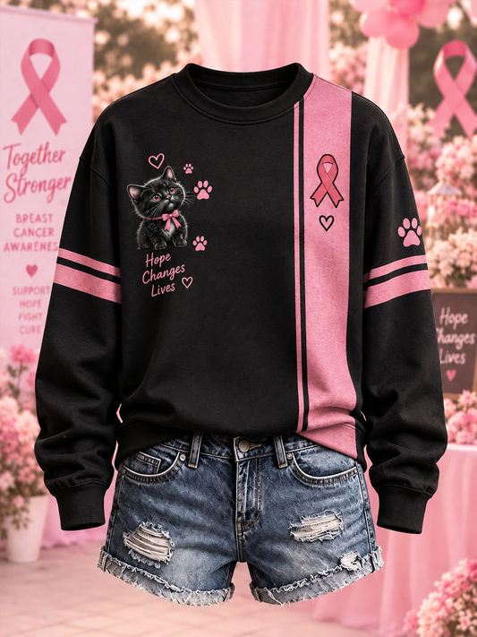 Kvinder Sort og pink kat og blomster print Regelmæssig Sweatshirt