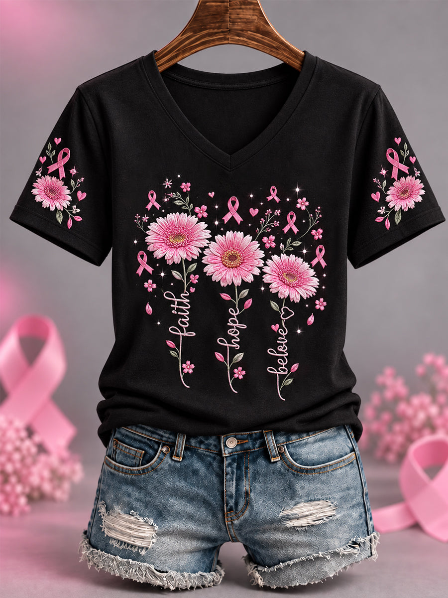 Kvinders Pink Ribbon Tro Hope Blieve Solsikker Print Brystkræft Bevidsthed Support V-Neck Tee