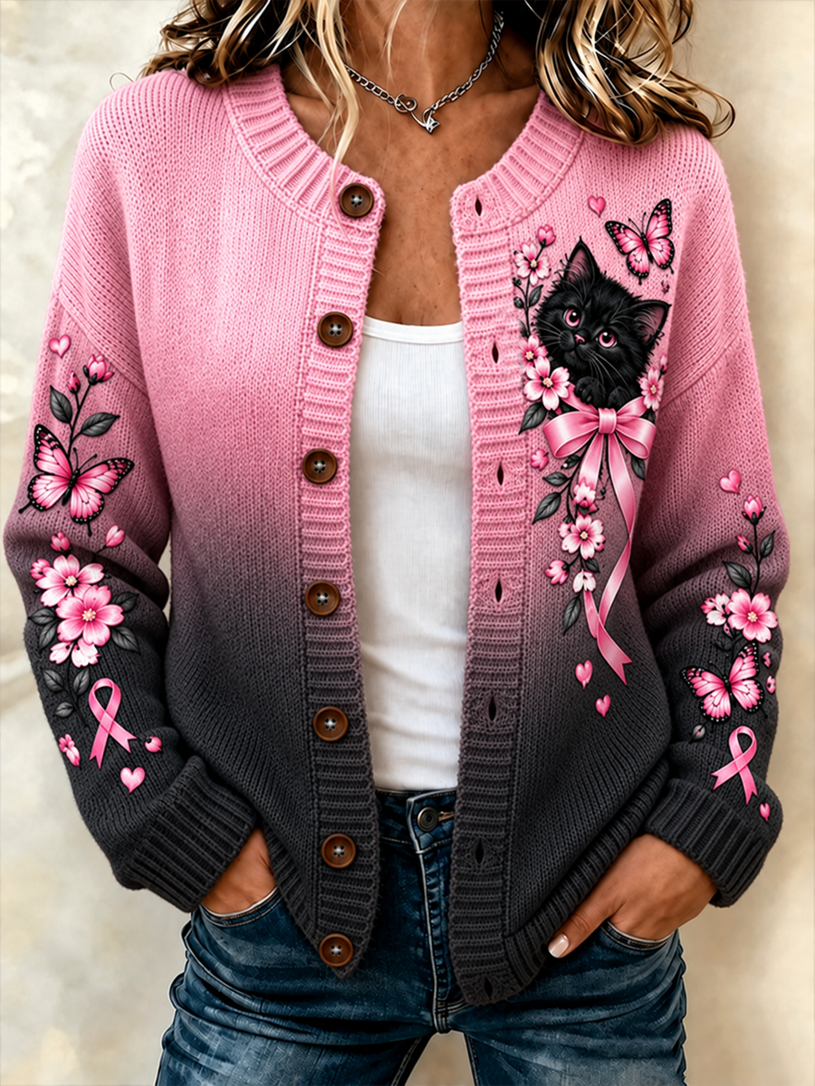 Kvinders Sort og pink kat og blomster print Cardigan-Style Strik jakken