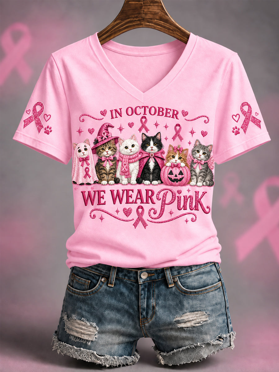 Kvinder I oktober vi bærer Pink Halloween Pink Cats Print Bryst kræft opmærksomhed Support V-Neck Tee